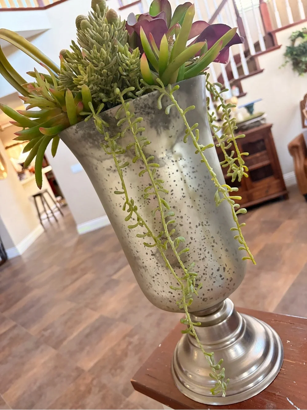 Metallic Silver Decorative Urn Vase with Green Succulent Accents